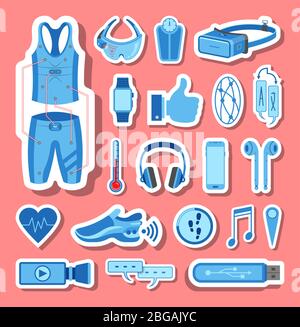 Wearable technology icons group set in blue tones. All the icon objects, shadows and background are in different layers. Stock Vector