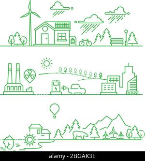 Outline eco city. Future ecological green environment and ecosystem vector concept. Environment ecosystem tree and sun, energy solar illustration Stock Vector