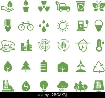 Green ecology vector icons. Clean environment, recycling process and renewable energy pictograms. Green energy, ecology and environment illustration Stock Vector