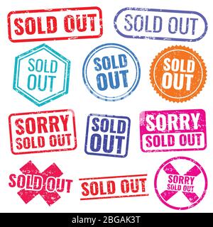 Sold out stamps with grunge texture isolated vector labels set. Colored sold out grunge rubber stamp and imprint illustration Stock Vector