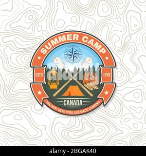 Summer camp patch. Happiness is toasted marshmallows. Vector. Vintage typography design with camping tent, campfire, marshmallow on a stick silhouette Stock Vector