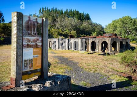 Remains of the Victoria Gold Battery alongside the Ohinemuri River at Waikino, North Island New Zealand Stock Photo