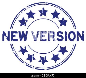 Grunge blue new version word with star icon round rubber seal stamp on white background Stock Vector