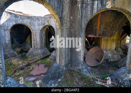 Remains of the Victoria Gold Battery alongside the Ohinemuri River at Waikino, North Island New Zealand Stock Photo