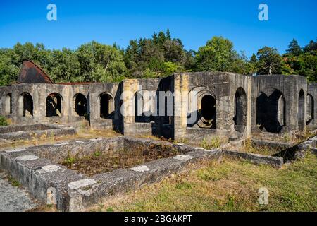 Remains of the Victoria Gold Battery alongside the Ohinemuri River at Waikino, North Island New Zealand Stock Photo