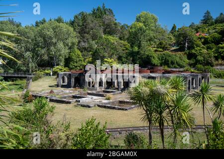 Remains of the Victoria Gold Battery alongside the Ohinemuri River at Waikino, North Island New Zealand Stock Photo