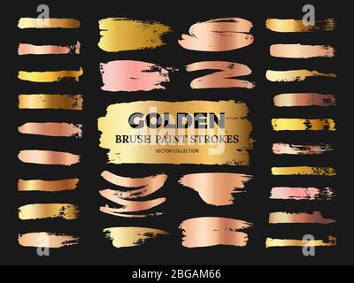 Hand drawn grunge rose and golden brush paint strokes vector collection isolated on black. Illustration of stain stroke paint smudge Stock Vector