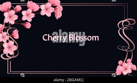 Template for invitation, sales, packaging, cosmetics, perfume. Golden refined frame with space for text. Vector banner with cherry blossom. Blossoming sakura branch. Spring blooming cherry background. Stock Vector