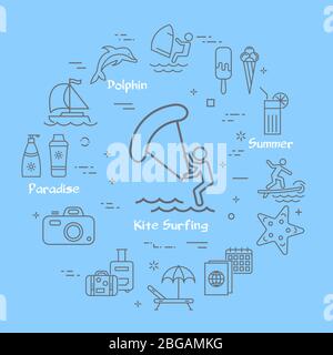Vector linear kite surfing entertainment and summer icons Stock Vector