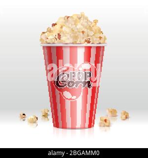 Cinema food popcorn in disposable bowl realistic vector illustration. Popcorn box, snack food in container for cinema Stock Vector