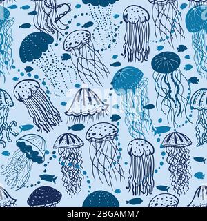 Vector illustration of different blue silhouettes jellyfish seamless surface pattern Stock Vector