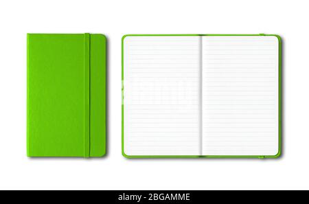 Green closed and open lined notebooks mockup isolated on white Stock Photo