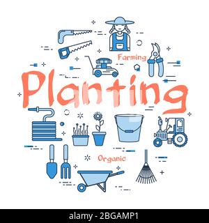Vector banner of linear Garden Planting Concept Stock Vector