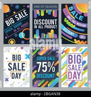 Modern sale banners in material design style with color abstract shapes with motion effect. Promotion banner sale and offer discount flyer. Vector illustration Stock Vector