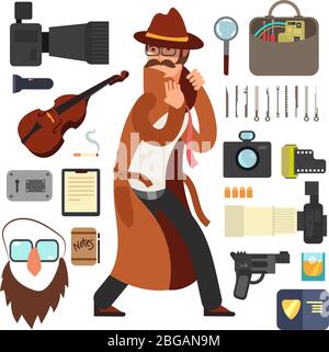 Cartoon surveillance detectives with equipment vector set for investigation concept. Character detective surveillance and investigation illustration Stock Vector