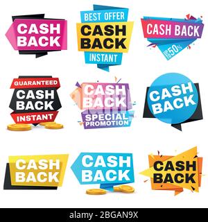 Money cash back vector labels and stickers. Set of cashback badge for shop, tag label cash back after sale illustration Stock Vector