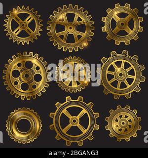 Golden retro sketch mechanical gears set on black background. Vector illustration Stock Vector