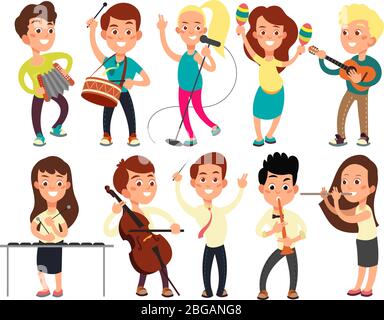 Schoolkids playing music on stage. Children musicians performing music show. Musical guitar and musician, playing and performance concert. Vector illustration Stock Vector