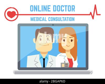 Flat male and female online doctor, internet computer health service concept. Vector illustration Stock Vector