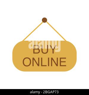 Buy online. Shopping. A sign with an inscription, a call to purchase things and products over the Internet. Colorful illustration on a white backgroun Stock Vector