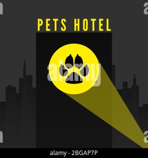 Pets hotel. Trail of dogs paw in spotlight on city background. Logo for pet hotel. vector Stock Vector