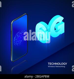 6G high speed mobile network. 6g isometric banner. Mobile phone with internet connection on screeen. Technology background. Vector Stock Vector