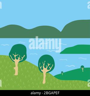Nature Minimalistic Abstract Countryside View With Trees Mountains Hills And Lake Hand Drawn Background Stock Vector