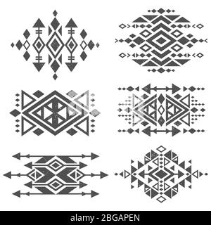 Grunge mexican aztec tribal traditional vector logo design isolated on white background. Aztec tribal traditional elements, navajo and african frame tattoo illustration Stock Vector