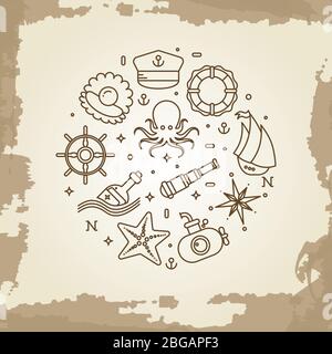 Marine, sea, nautical, maritime thin line icons concept on vintage background. Vector illustration Stock Vector