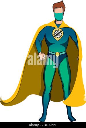 Superhero in yellow cape and protective face mask Stock Vector
