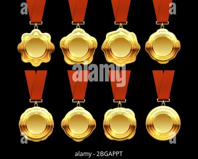 Gold medals vector collection on red ribbons. Set of golden medal for sport competition illustration Stock Vector