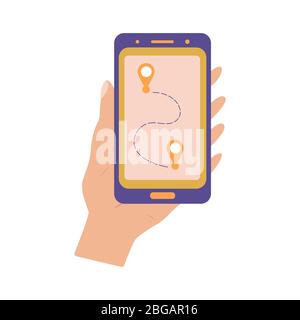 Track the route on your phone. Navigator shows the way. Hand holds the phone. The work of the courier service. The route of the trip. Colorful illustr Stock Vector