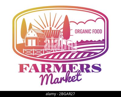 Bright farmer market label or emblem on white background. Vector illustration Stock Vector