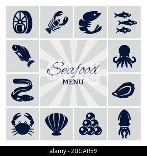 Sea food menu silhouette icons on grey backdrop. Vector illustration Stock Vector