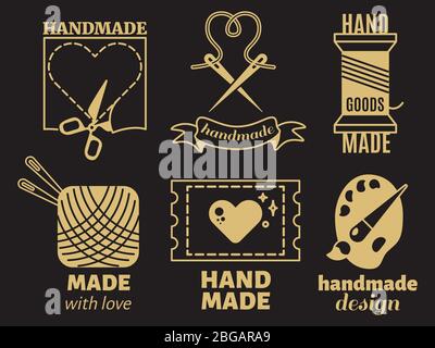 Vintage hipster handiwork, handmade, vector badges, labels, logos on black backdrop. Handmade and sewing, needlework and handiwork craft Stock Vector