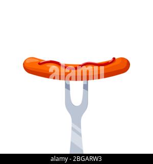 Sausage with ketchup on fork. Vector illustration isolated on white background Stock Vector