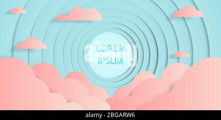 Paper layer art background of light blue sky with pink cloud and copy space for text or message. Stock Vector