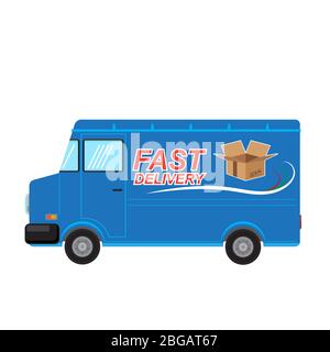 Fast Delivery Logo Design with Open Paper Box on Blue Truck. Side View Stock Vector
