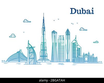 Colorful detailed dubai line vector cityscape with skyscrapers. Dubai urban building, business city illustration Stock Vector