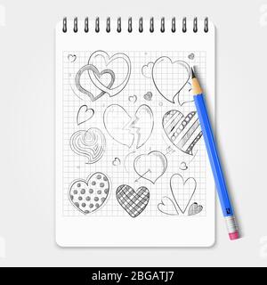 Hand drawn hearts set with realistic pencil and notebook. Vector pencil and notebook, drawing sketch doodle heart illustration