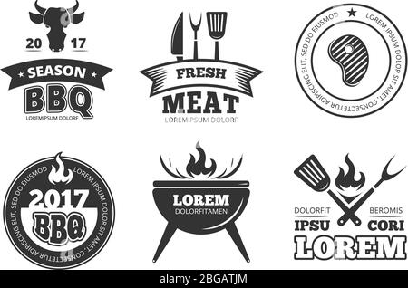 Barbecue, grill, bbq steak house restaurant vintage vector labels, badges, logos and emblems Stock Vector