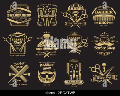 Old golden barbershop vector emblems and labels. Vintage male haircut signs illustration Stock Vector