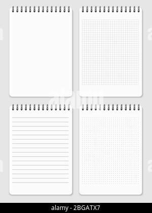 Realistic notebooks page collection - lined and dots notebook. Paper page notebook for note illustration vector Stock Vector