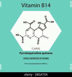 Vitamin B14. Pyrroloquinoline quinone Molecular chemical formula. Useful properties of vitamin. Infographics. Vector illustration on isolated Stock Vector