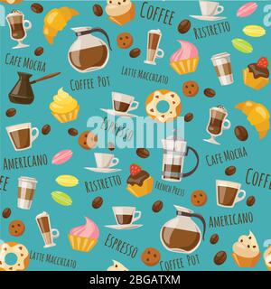 Coffe style seamless pattern with drinks and sweets and lettering. Stock Vector