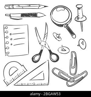 Stationery sketch set - scissors pencil pen button isolated on white background. Vector pencil and pen, sketch drawing illustration Stock Vector