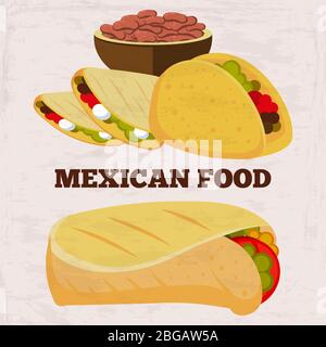 Popular mexican food burito and dinner on grunge background. Mexican dinner and lunch, spicy and burrito. Vector illustration Stock Vector
