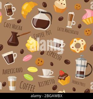 Coffe style seamless pattern with drinks and sweets and lettering. Stock Vector
