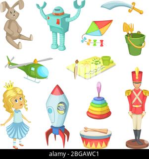 Cartoon set of toys for kids boys and girls. Funny vector icons Stock Vector