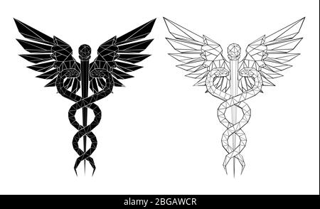 Two (black and white) polygonal Caduceus symbols on isolated background. Low poly symbol of medicine. Stock Vector